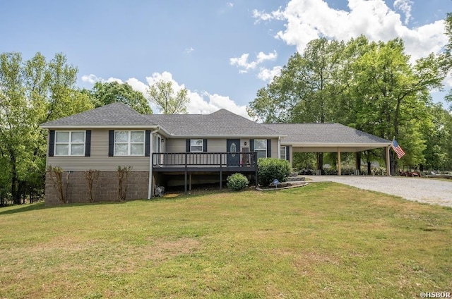 136 Ami Jo Dr, Hot Springs, AR 71913 - ranch-style home featuring driveway, a wooden deck, a carport, a front lawn, and a shingled roof