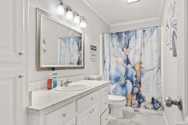 136 Ami Jo Dr, Hot Springs, AR 71913 - full bath with ornamental molding, toilet, vanity, marble finish floors, and a shower with curtain