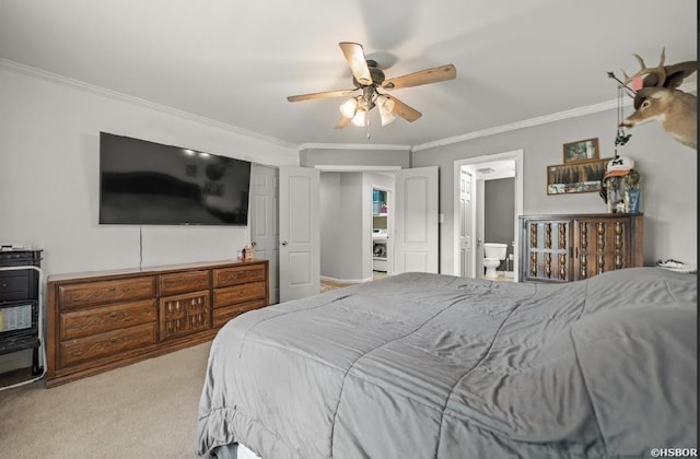 136 Ami Jo Dr, Hot Springs, AR 71913 - bedroom featuring ornamental molding, carpet flooring, ceiling fan, and ensuite bath