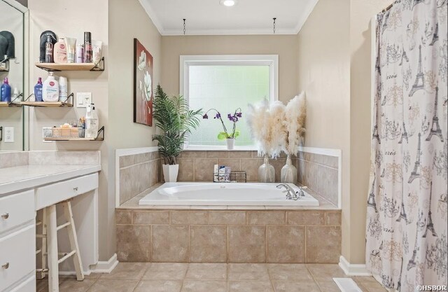 136 Ami Jo Dr, Hot Springs, AR 71913 - full bath featuring a garden tub, ornamental molding, tile patterned floors, and a shower with shower curtain