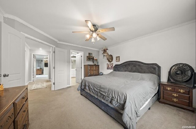 136 Ami Jo Dr, Hot Springs, AR 71913 - bedroom with light carpet, ornamental molding, a ceiling fan, and connected bathroom