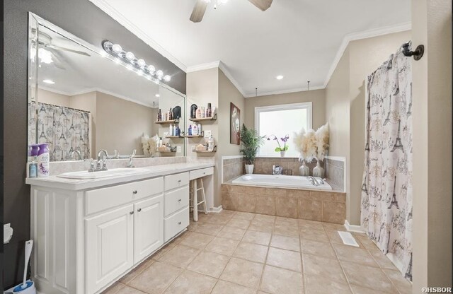 136 Ami Jo Dr, Hot Springs, AR 71913 - bathroom featuring ceiling fan, a garden tub, crown molding, vanity, and recessed lighting