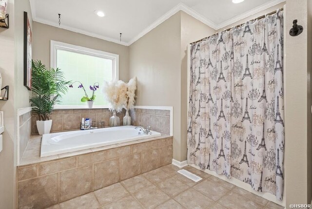 136 Ami Jo Dr, Hot Springs, AR 71913 - full bathroom featuring a bath, tile patterned floors, curtained shower, ornamental molding, and recessed lighting