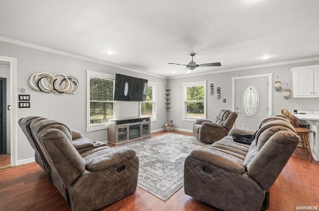 136 Ami Jo Dr, Hot Springs, AR 71913 - living area featuring a ceiling fan, ornamental molding, wood finished floors, recessed lighting, and baseboards