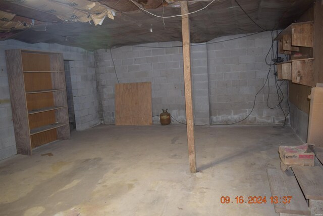 unfinished basement with concrete block wall