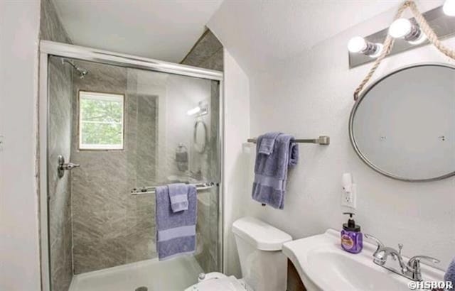 bathroom featuring vanity, a shower stall, and toilet