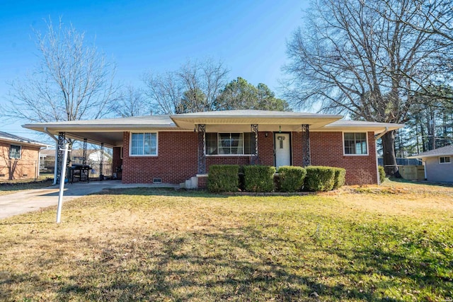 ranch-style house with an attached carport, brick siding, concrete driveway, crawl space, and a front lawn