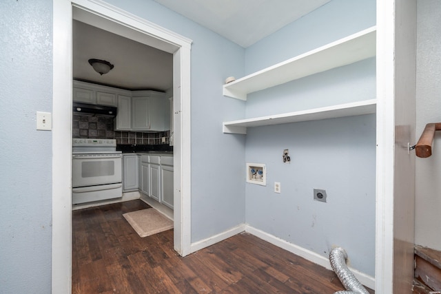 laundry room with dark wood-style floors, hookup for an electric dryer, baseboards, and washer hookup