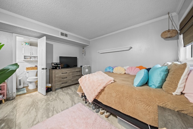 201 Audubon St Unit 1003, Hot Springs, AR 71913 - bedroom with crown molding, a textured ceiling, visible vents, and marble finish floor