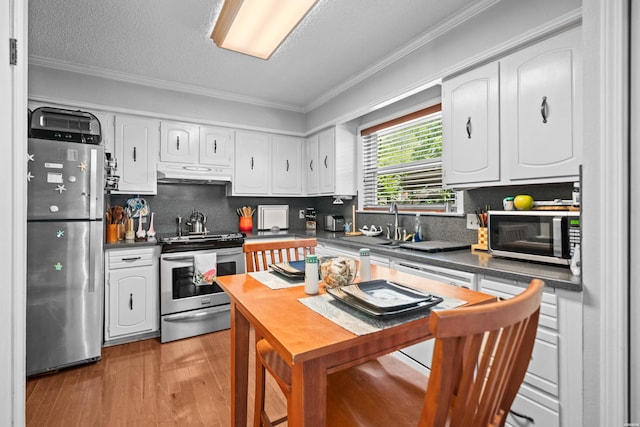 201 Audubon St Unit 1003, Hot Springs, AR 71913 - kitchen featuring under cabinet range hood, ornamental molding, white cabinetry, dark countertops, and appliances with stainless steel finishes