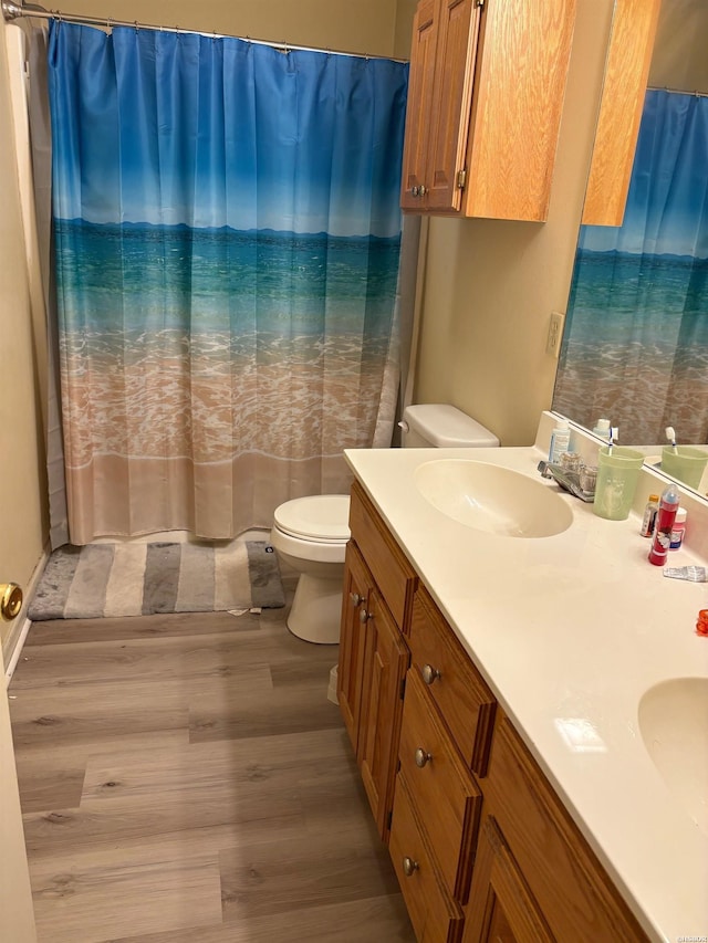 301 Halteria Ln Unit A, B, C, D, E, Hot Springs, AR 71913 - bathroom with double vanity, wood finished floors, toilet, a shower with curtain, and a sink
