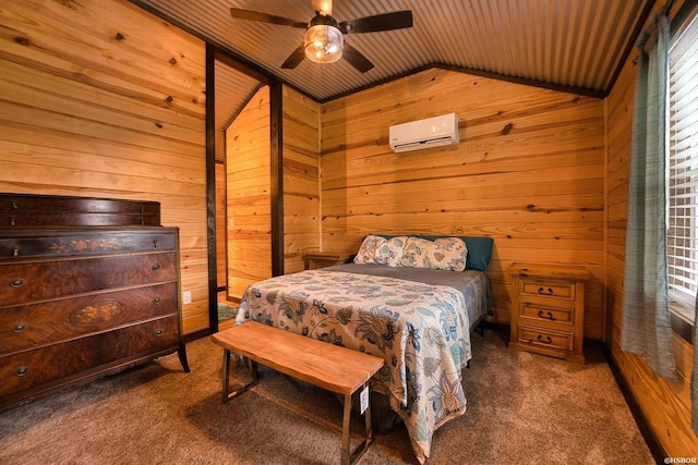 152 Anderson Loop, Amity, AR 71921 - bedroom featuring an AC wall unit, wooden walls, carpet flooring, vaulted ceiling, and wood ceiling