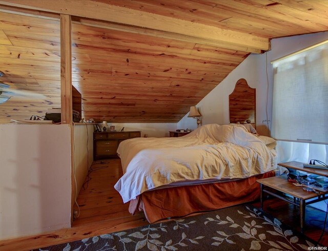 bedroom featuring lofted ceiling with beams, wood ceiling, and wood finished floors