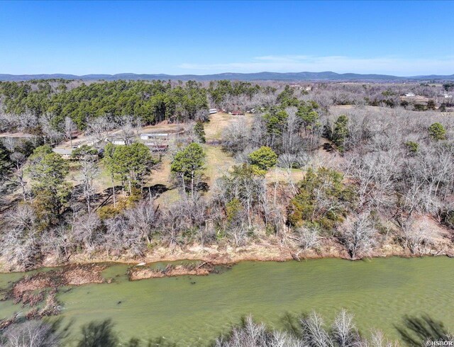 drone / aerial view with a water and mountain view