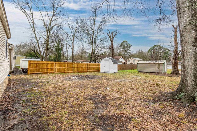 view of yard featuring a fenced backyard, an outdoor structure, and a storage unit