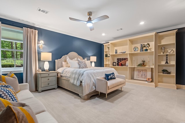 498 Lantern Ter, Hot Springs, AR 71913 - bedroom featuring crown molding, light colored carpet, a ceiling fan, recessed lighting, and baseboards