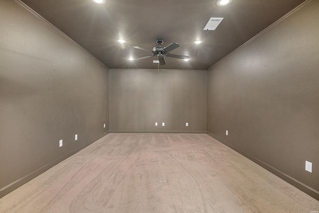 empty room with recessed lighting, light colored carpet, visible vents, and a ceiling fan