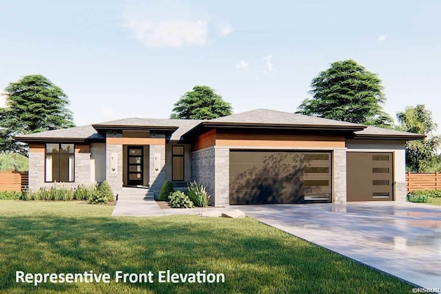 prairie-style home featuring a garage, a front yard, stone siding, and driveway