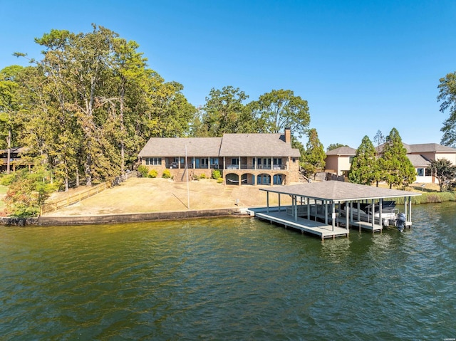 dock area with a water view and boat lift