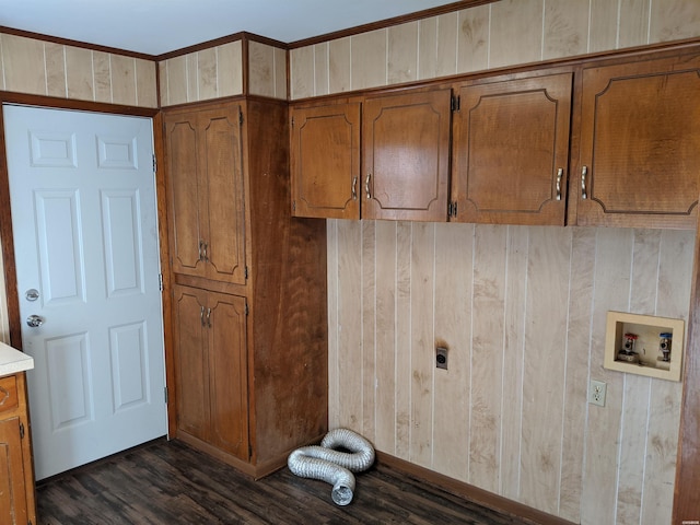 washroom featuring hookup for a washing machine, dark wood-style flooring, cabinet space, and electric dryer hookup