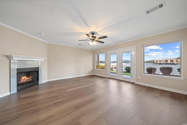 188 Villa Pointe Unit C, Hot Springs, AR 71901 - unfurnished living room featuring ceiling fan, a fireplace, dark wood-style floors, ornamental molding, and baseboards