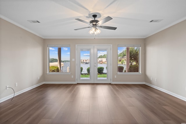 188 Villa Pointe Unit C, Hot Springs, AR 71901 - empty room featuring french doors, dark wood-style floors, ornamental molding, ceiling fan, and baseboards