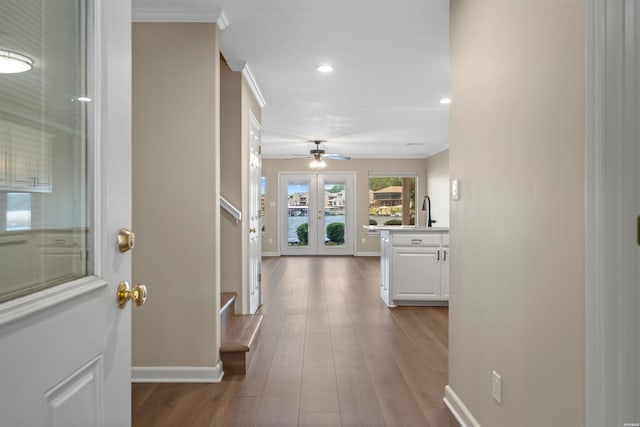 188 Villa Pointe Unit C, Hot Springs, AR 71901 - hallway with baseboards, recessed lighting, wood finished floors, ornamental molding, and french doors