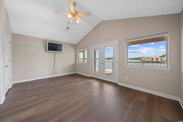 188 Villa Pointe Unit C, Hot Springs, AR 71901 - unfurnished room with a ceiling fan, french doors, dark wood-type flooring, lofted ceiling, and baseboards