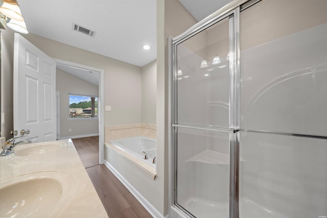 188 Villa Pointe Unit C, Hot Springs, AR 71901 - full bath featuring a bath, wood finished floors, a stall shower, double vanity, and recessed lighting