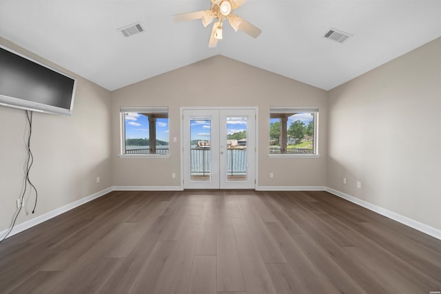 188 Villa Pointe Unit C, Hot Springs, AR 71901 - unfurnished living room with ceiling fan, dark wood finished floors, french doors, lofted ceiling, and baseboards