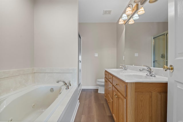 188 Villa Pointe Unit C, Hot Springs, AR 71901 - full bath featuring a stall shower, double vanity, toilet, a whirlpool tub, and wood finished floors