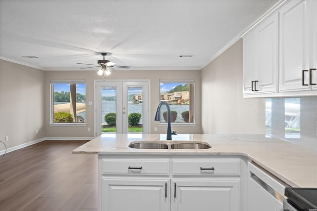 188 Villa Pointe Unit C, Hot Springs, AR 71901 - kitchen with a sink, wood finished floors, a ceiling fan, light stone countertops, and crown molding