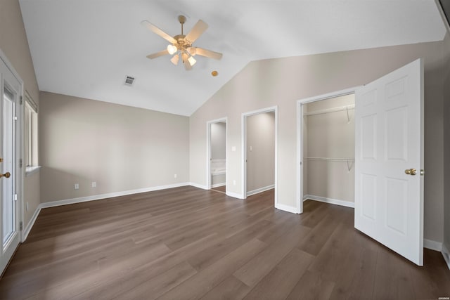 188 Villa Pointe Unit C, Hot Springs, AR 71901 - unfurnished bedroom with vaulted ceiling, dark wood-type flooring, baseboards, a closet, and a ceiling fan
