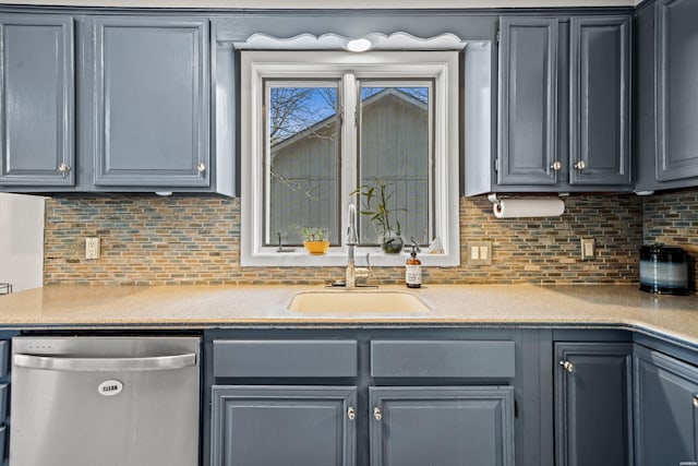 kitchen with gray cabinetry, a sink, light countertops, backsplash, and dishwasher