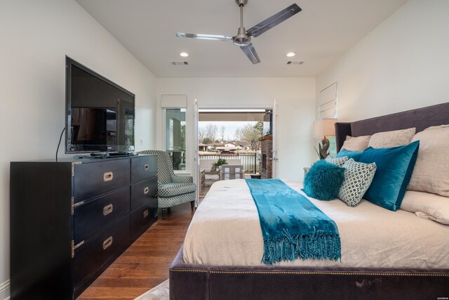 bedroom with recessed lighting, a ceiling fan, visible vents, access to exterior, and dark wood-style floors