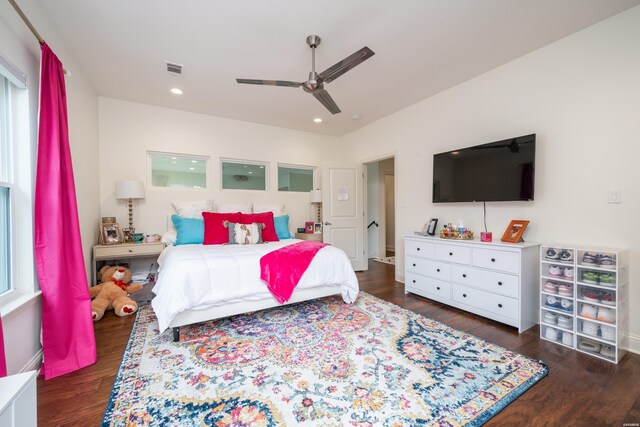 bedroom featuring ceiling fan, dark wood finished floors, visible vents, and recessed lighting