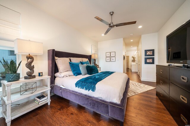 bedroom with recessed lighting, dark wood-style flooring, ceiling fan, and baseboards