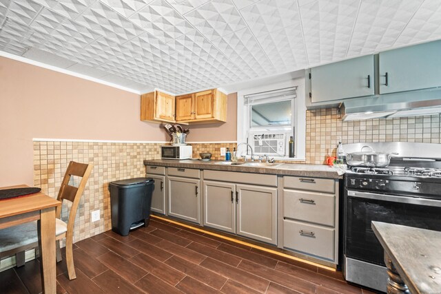 kitchen featuring stainless steel gas stove, white microwave, wood finish floors, under cabinet range hood, and a sink