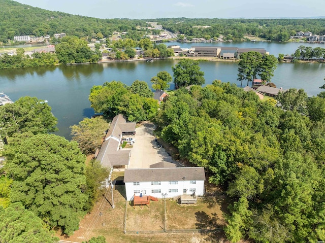 aerial view featuring a water view and a wooded view