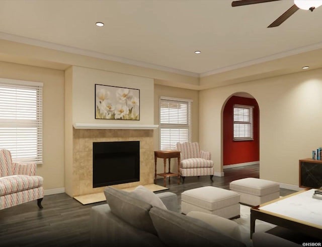 living area featuring ornamental molding, dark wood-type flooring, and baseboards