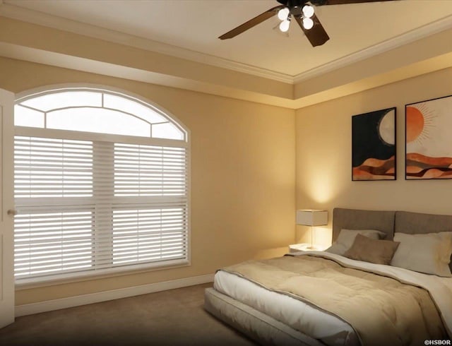 bedroom with ceiling fan, ornamental molding, carpet flooring, and baseboards