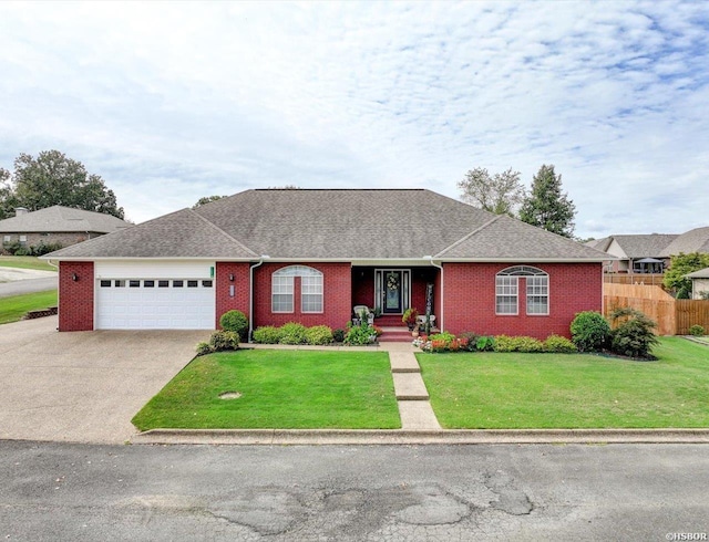 single story home featuring a garage, fence, concrete driveway, roof with shingles, and a front yard