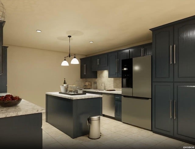 kitchen with stainless steel appliances, hanging light fixtures, light countertops, dark cabinetry, and backsplash