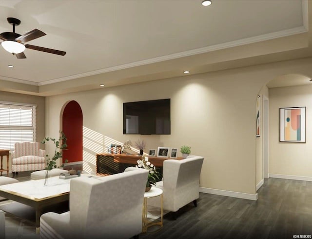 living room featuring arched walkways, dark wood-style flooring, recessed lighting, ornamental molding, and baseboards