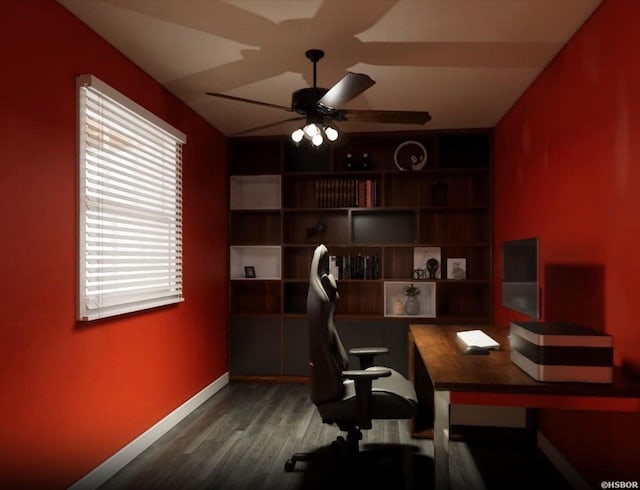 office space with ceiling fan, dark wood-type flooring, and baseboards