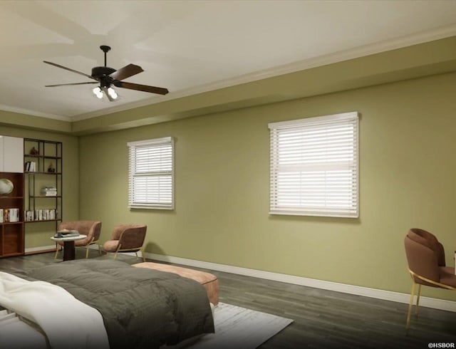 sitting room with dark wood-style floors, ceiling fan, ornamental molding, and baseboards