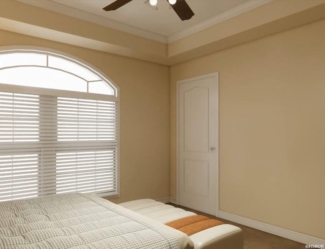 unfurnished bedroom with baseboards, ornamental molding, and ceiling fan