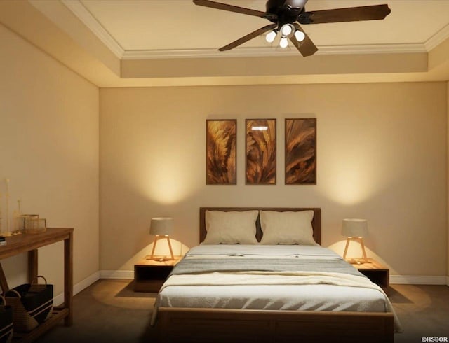 bedroom with ceiling fan, ornamental molding, carpet, and baseboards