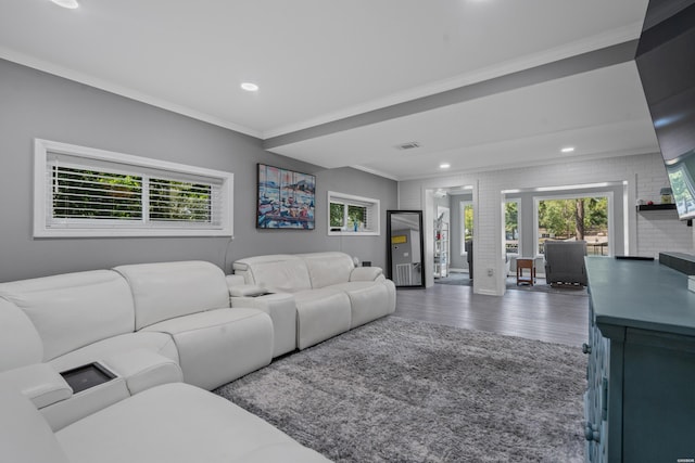 living room featuring ornamental molding, dark wood-type flooring, and recessed lighting