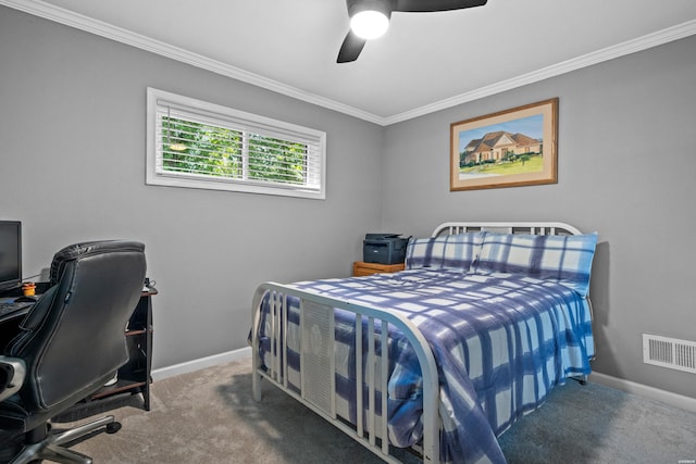 bedroom featuring carpet, crown molding, visible vents, and baseboards